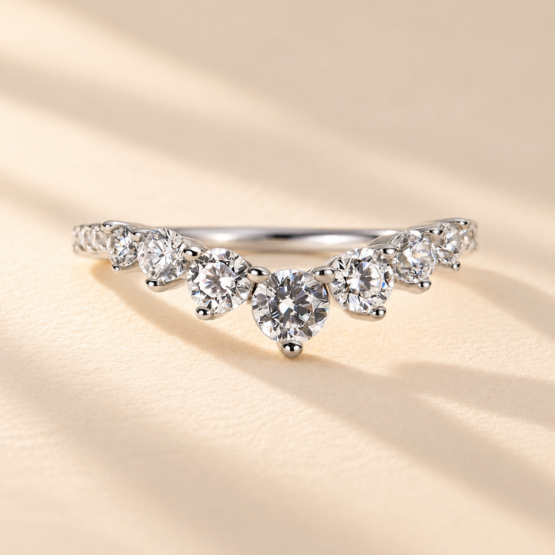 S925 0.5Ct Round Cut Unique Curved Design Thin Stacking Wedding Ring In Sterling Silver