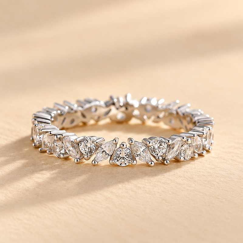 S925 Fashion Design Marquise Cut & Round Cut Stackable Wedding Band In Sterling Silver