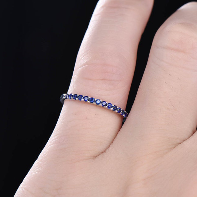 Louily Half Eternity Blue And White Sapphire Wedding Band For Women In Sterling Silver - louilyjewelry