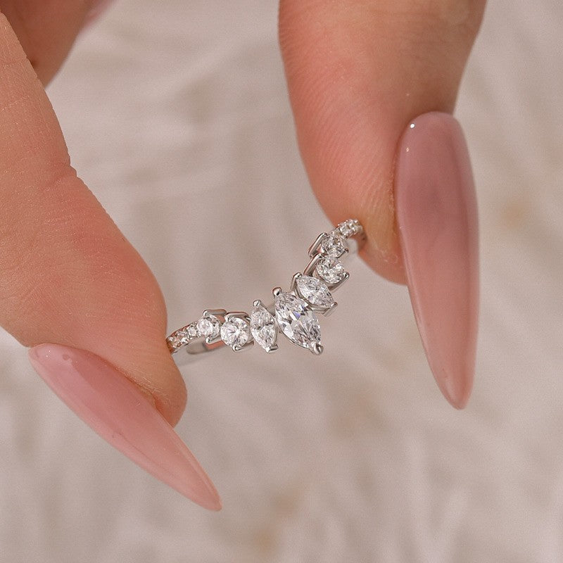 Vintage Marquise Cut & Round Cut Crown-Shaped Wedding Band In Sterling Silver - louilyjewelry