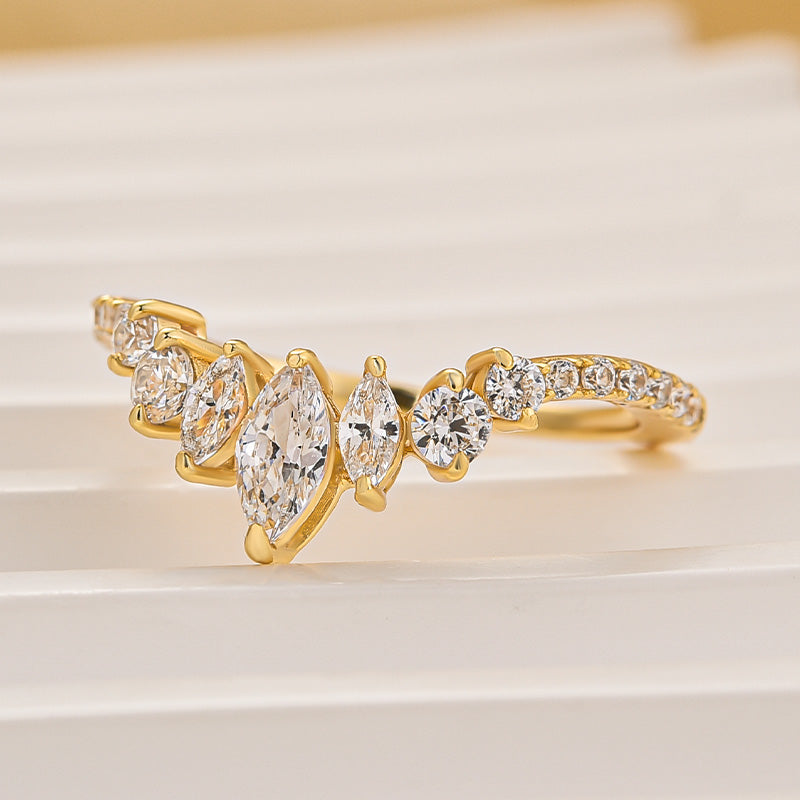 Vintage Marquise Cut & Round Cut Crown-Shaped Wedding Band In Sterling Silver