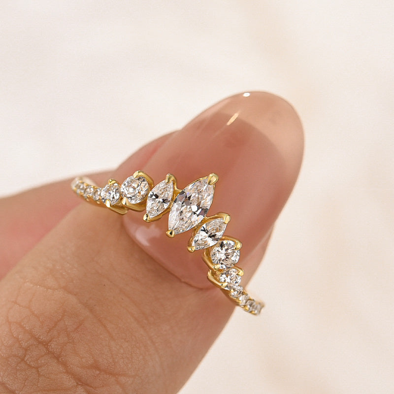 Vintage Marquise Cut & Round Cut Crown-Shaped Wedding Band In Sterling Silver