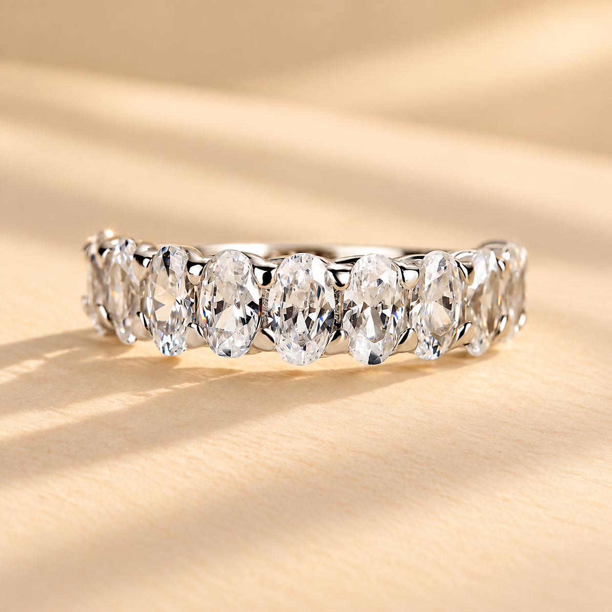 S925 Half Oval Cut Moissanite Simulated Diamond Wedding Band In Sterling Silver