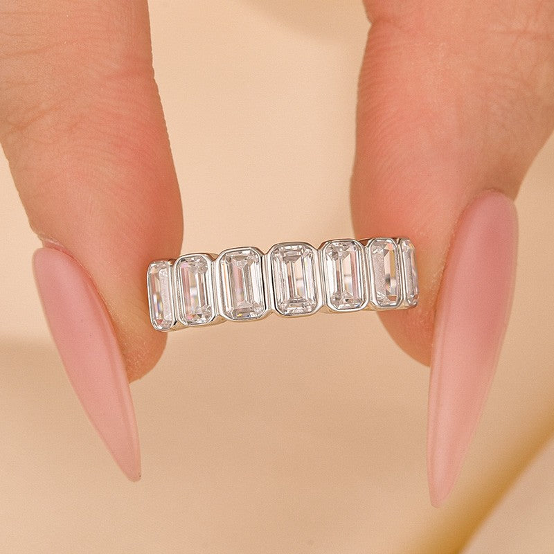 2.8Ct Emerald Cut Bezel Half Wedding Band Travel Ring In Sterling Silver - louilyjewelry