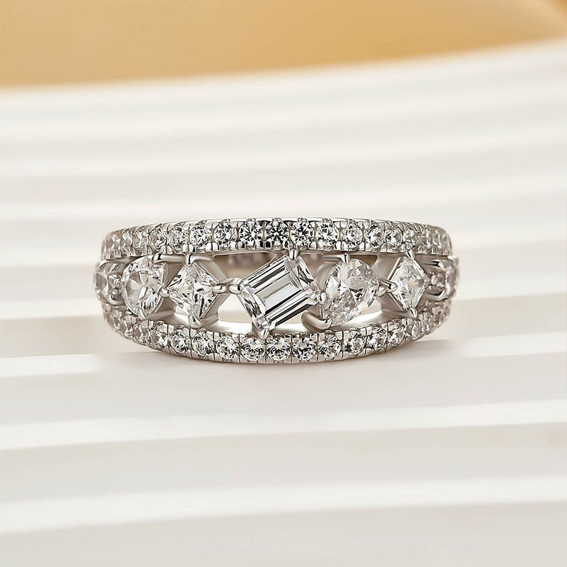 Luxurious 3-Row Half Wedding Band Travel Ring In Sterling Silver - louilyjewelry