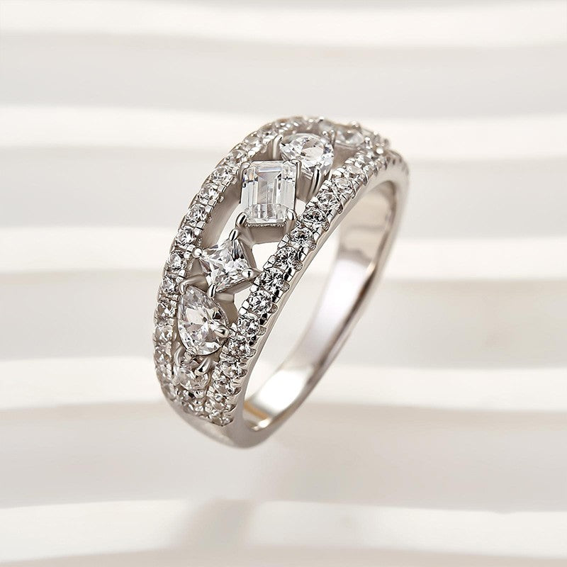 Luxurious 3-Row Half Wedding Band Travel Ring In Sterling Silver - louilyjewelry