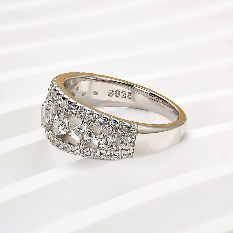 Luxurious 3-Row Half Wedding Band Travel Ring In Sterling Silver - louilyjewelry