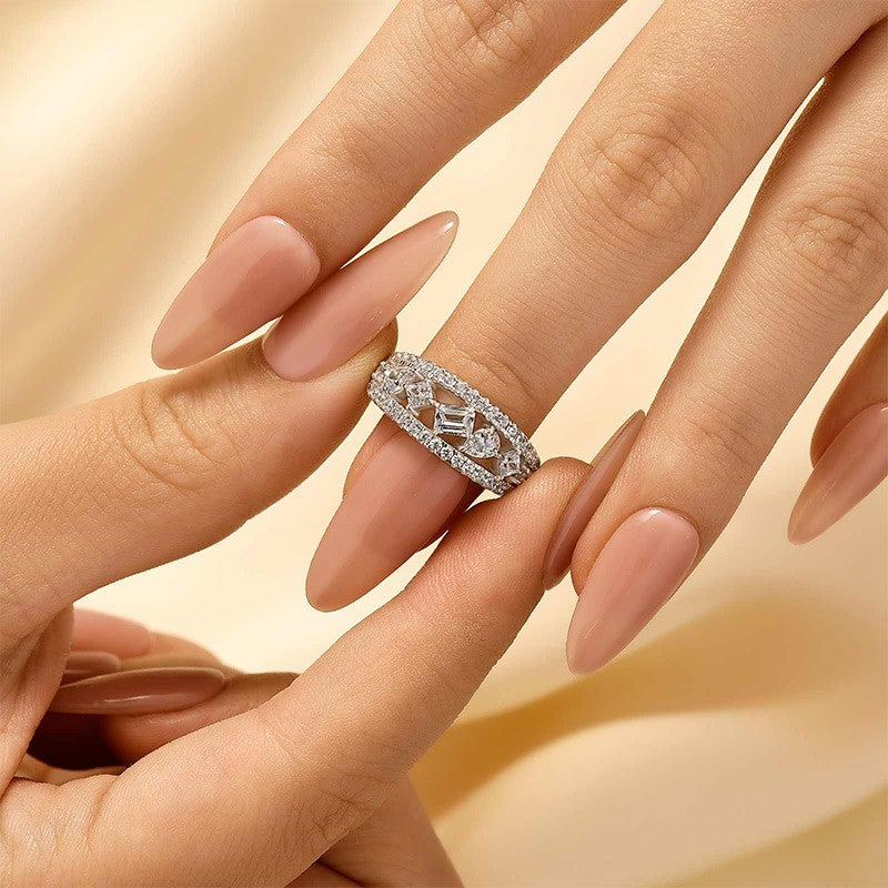 Luxurious 3-Row Half Wedding Band Travel Ring In Sterling Silver - louilyjewelry