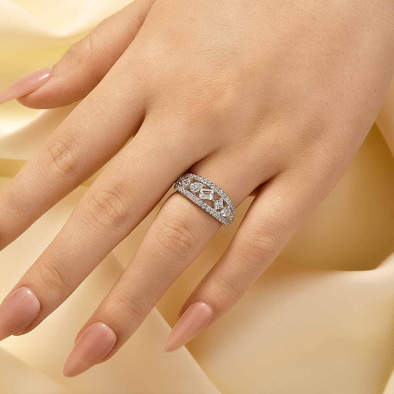 Luxurious 3-Row Half Wedding Band Travel Ring In Sterling Silver - louilyjewelry