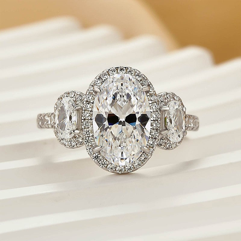 2.5Ct Halo Oval Cut Three Stone Engagement Ring Travel Ring In Sterling Silver - louilyjewelry