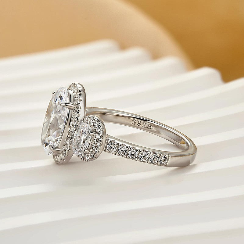 2.5Ct Halo Oval Cut Three Stone Engagement Ring Travel Ring In Sterling Silver - louilyjewelry