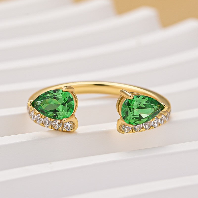 1.2Ct Green Stone Pear Cut Yellow Gold Open Wedding Band In Sterling Silver
