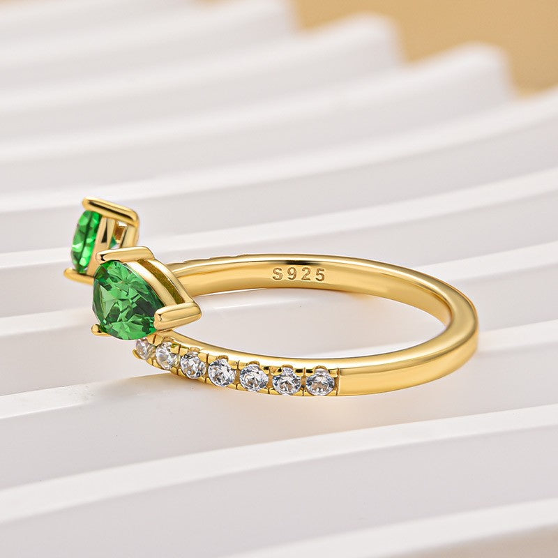 1.2Ct Green Stone Pear Cut Yellow Gold Open Wedding Band In Sterling Silver