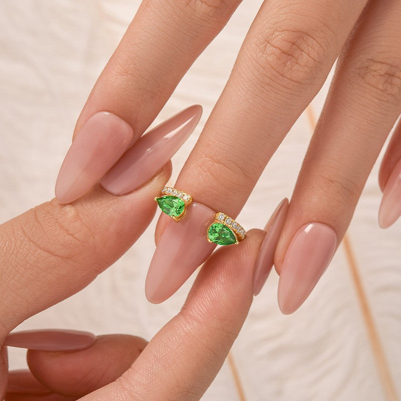 1.2Ct Green Stone Pear Cut Yellow Gold Open Wedding Band In Sterling Silver