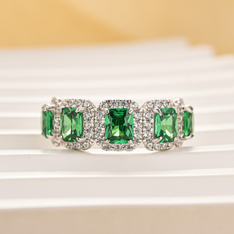 3.3Ct Halo Emerald Cut Green Stone Anniversary Ring In Sterling Silver