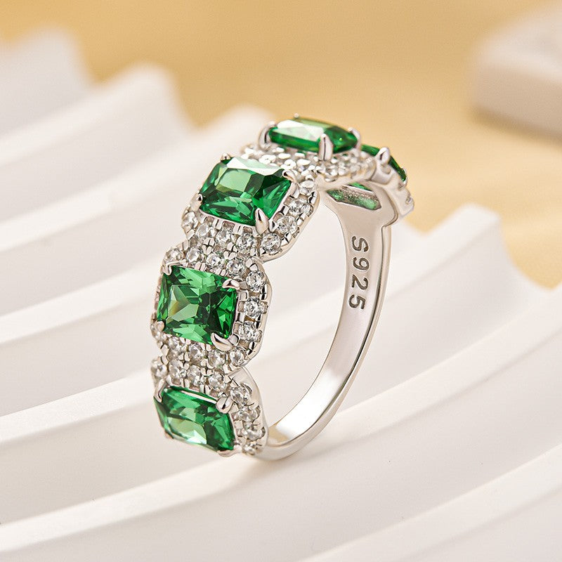 3.3Ct Halo Emerald Cut Green Stone Anniversary Ring In Sterling Silver