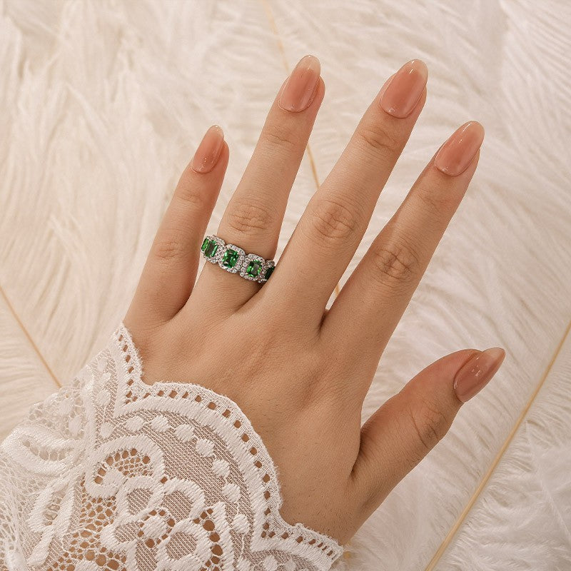 3.3Ct Halo Emerald Cut Green Stone Anniversary Ring In Sterling Silver