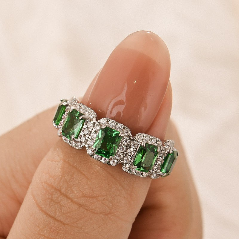 3.3Ct Halo Emerald Cut Green Stone Anniversary Ring In Sterling Silver