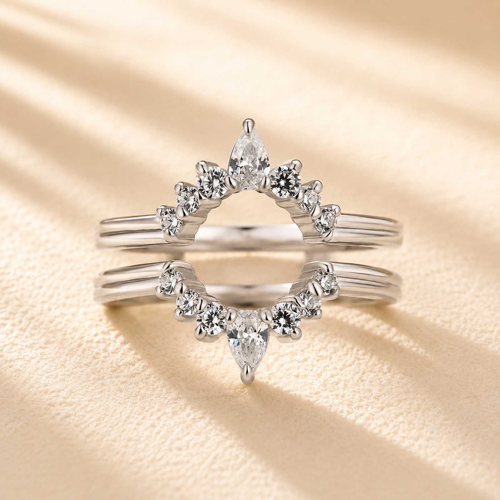 S925 0.75Ct Pear Cut & Round Cut Crown Open Wedding Band Stackable Enhancer Band