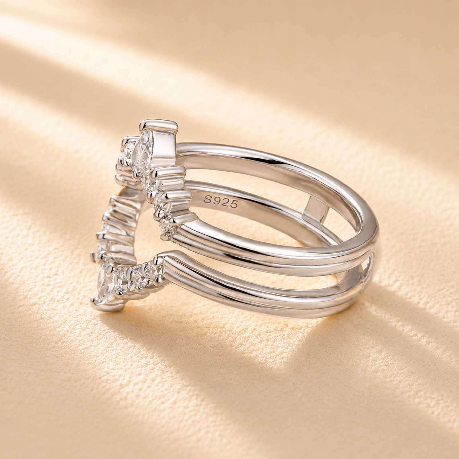 S925 0.75Ct Pear Cut & Round Cut Crown Open Wedding Band Stackable Enhancer Band