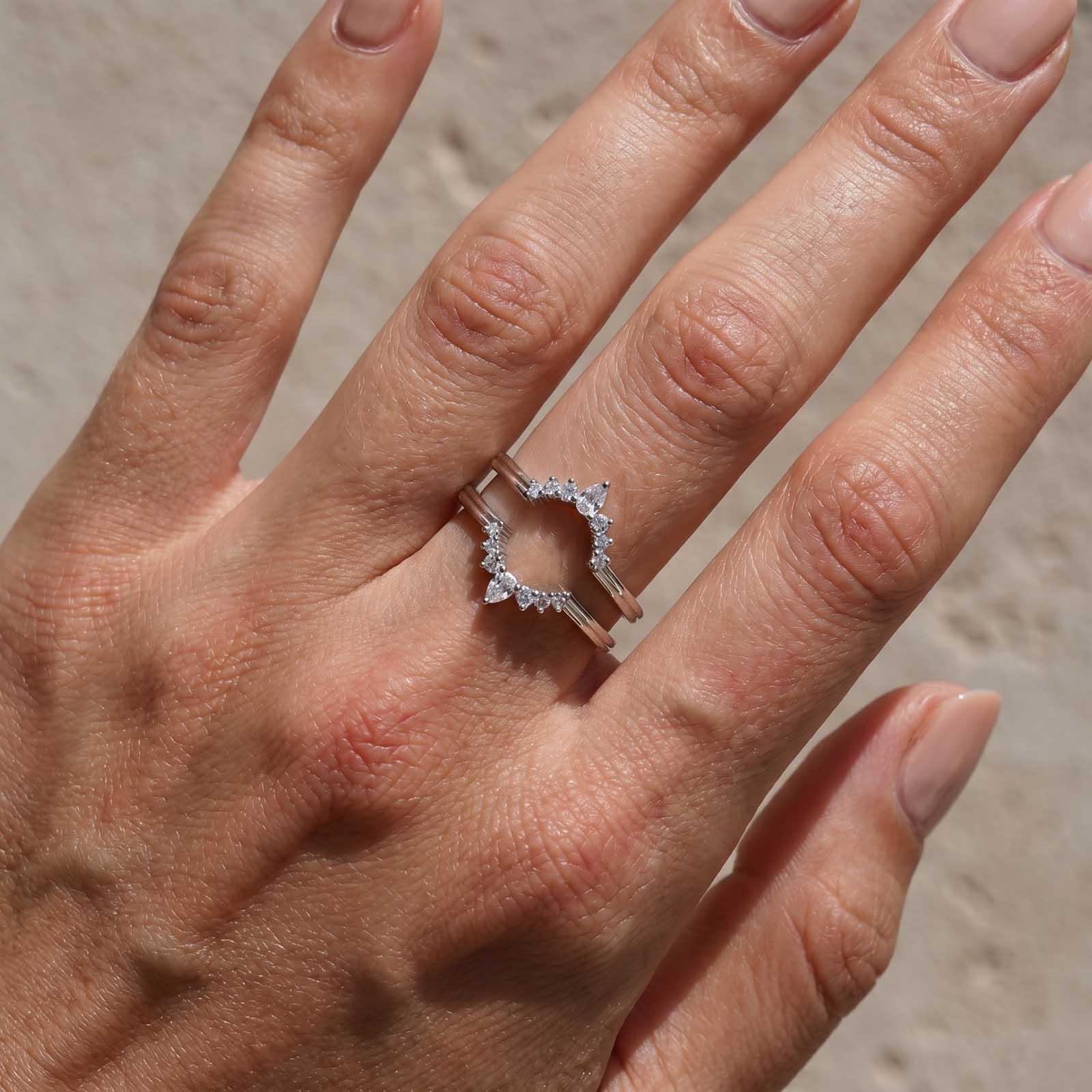 S925 0.75Ct Pear Cut & Round Cut Crown Open Wedding Band Stackable Enhancer Band