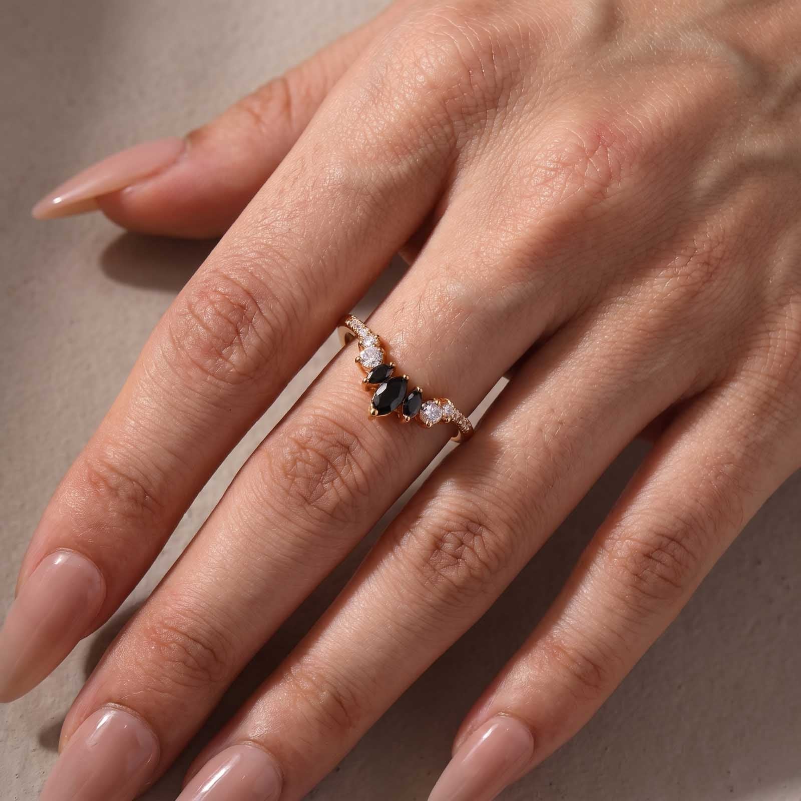 S925 Moissanite 0.7Ct Marquise Black Stone & White Side Stones Stackable V‑Shape Ring
