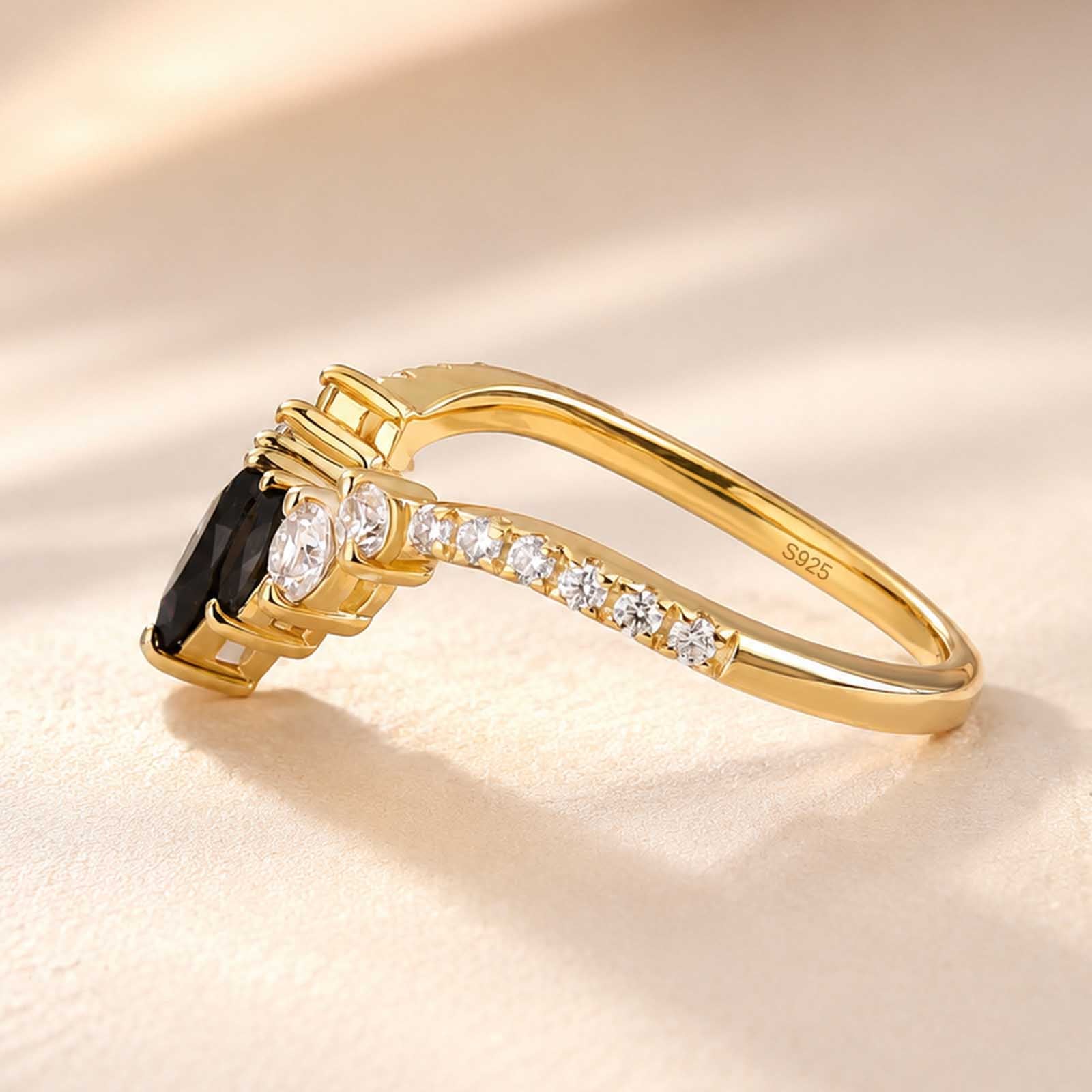 S925 Moissanite 0.7Ct Marquise Black Stone & White Side Stones Stackable V‑Shape Ring