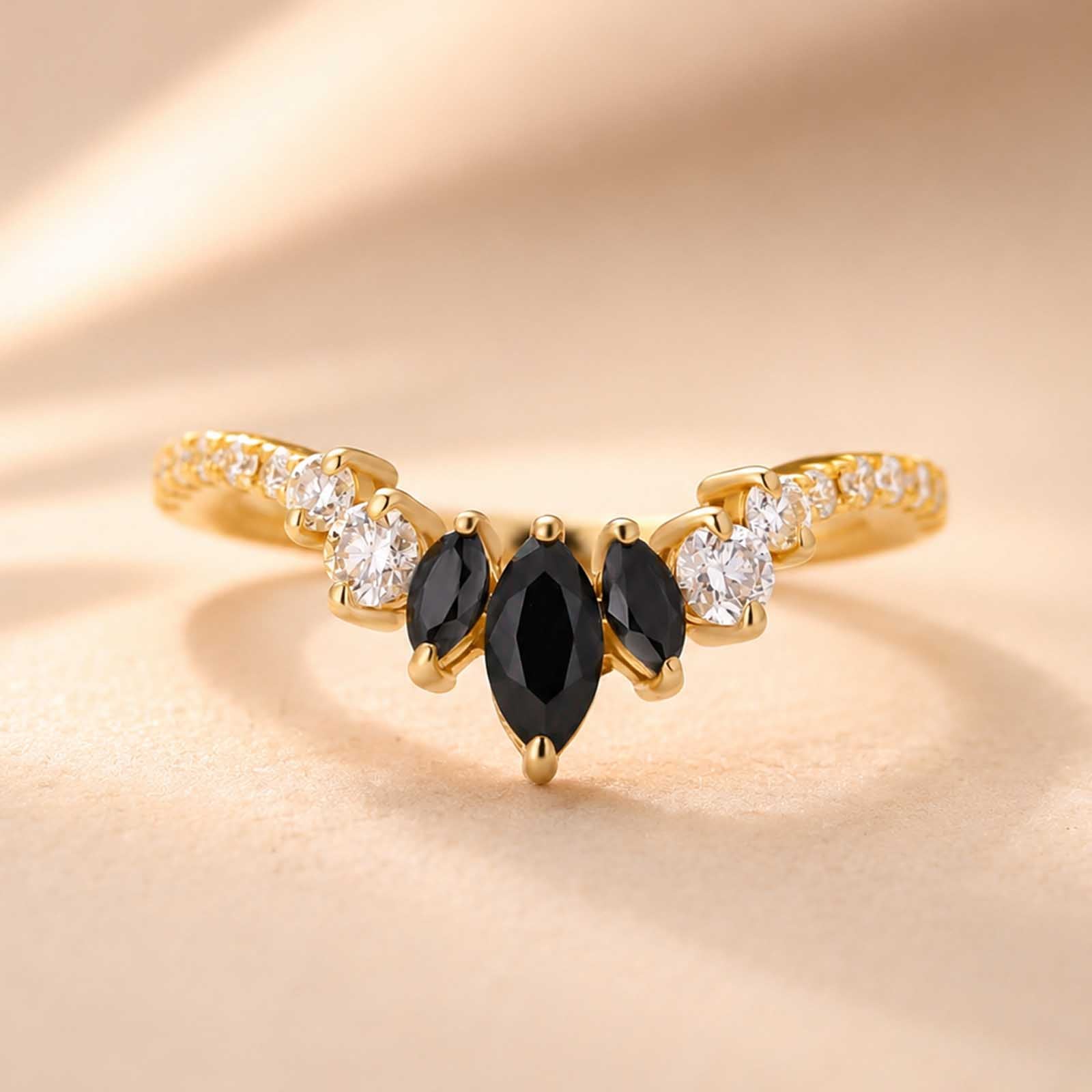 S925 Moissanite 0.7Ct Marquise Black Stone & White Side Stones Stackable V‑Shape Ring
