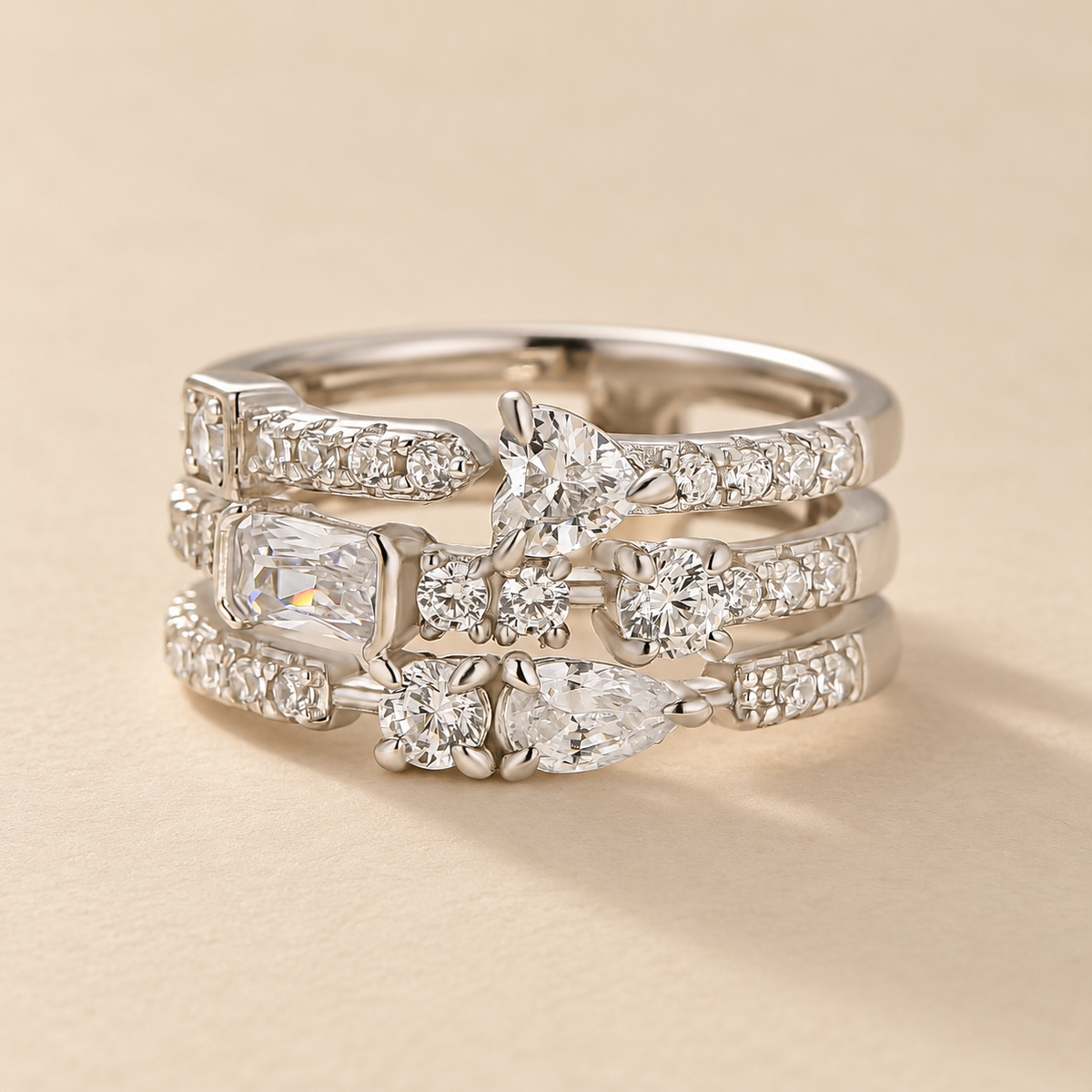 1.65Ct Mixed-Cut Triple-Row Curved 18K White Gold-Plated Wedding Band