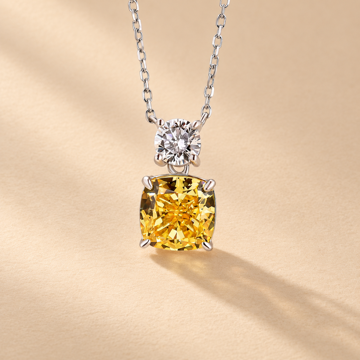 3.0Ct Cushion Cut Yellow Stone Pendant Necklace In Sterling Silver