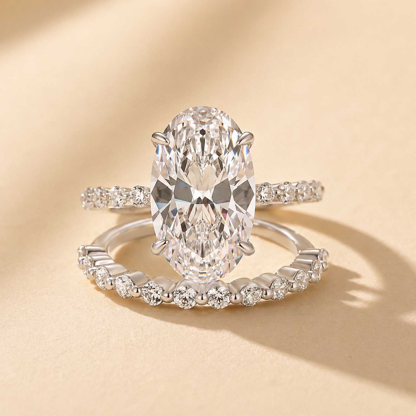 S925 6.0CT Oval Cut Engagement Ring in Sterling Silver with Classic Round Cut Half Eternity Thin Wedding Band