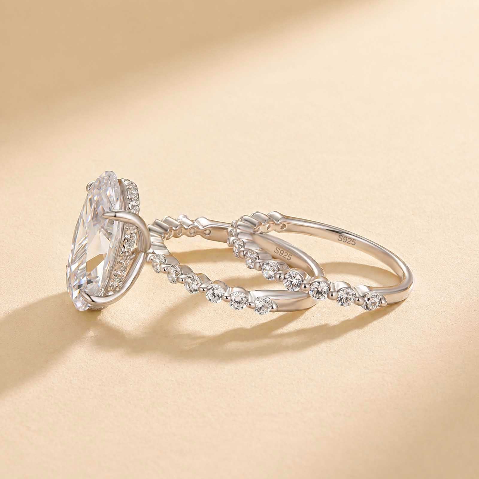 S925 6.0CT Oval Cut Engagement Ring in Sterling Silver with Classic Round Cut Half Eternity Thin Wedding Band