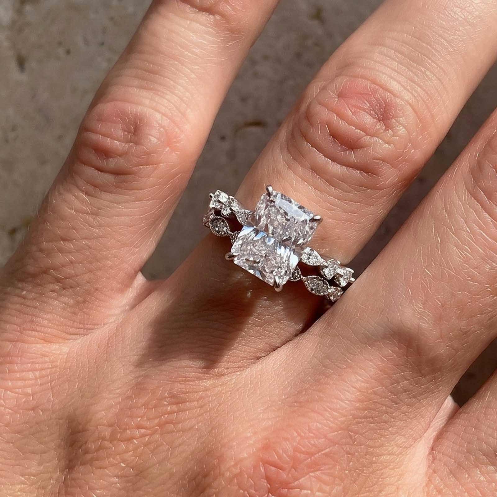 S925 3.5Ct Radiant Cut Engagement Ring with Vintage Round Cut Wedding Band In Sterling Silver