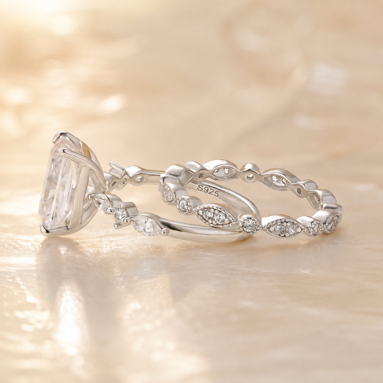 S925 3.5Ct Radiant Cut Engagement Ring with Vintage Round Cut Wedding Band In Sterling Silver