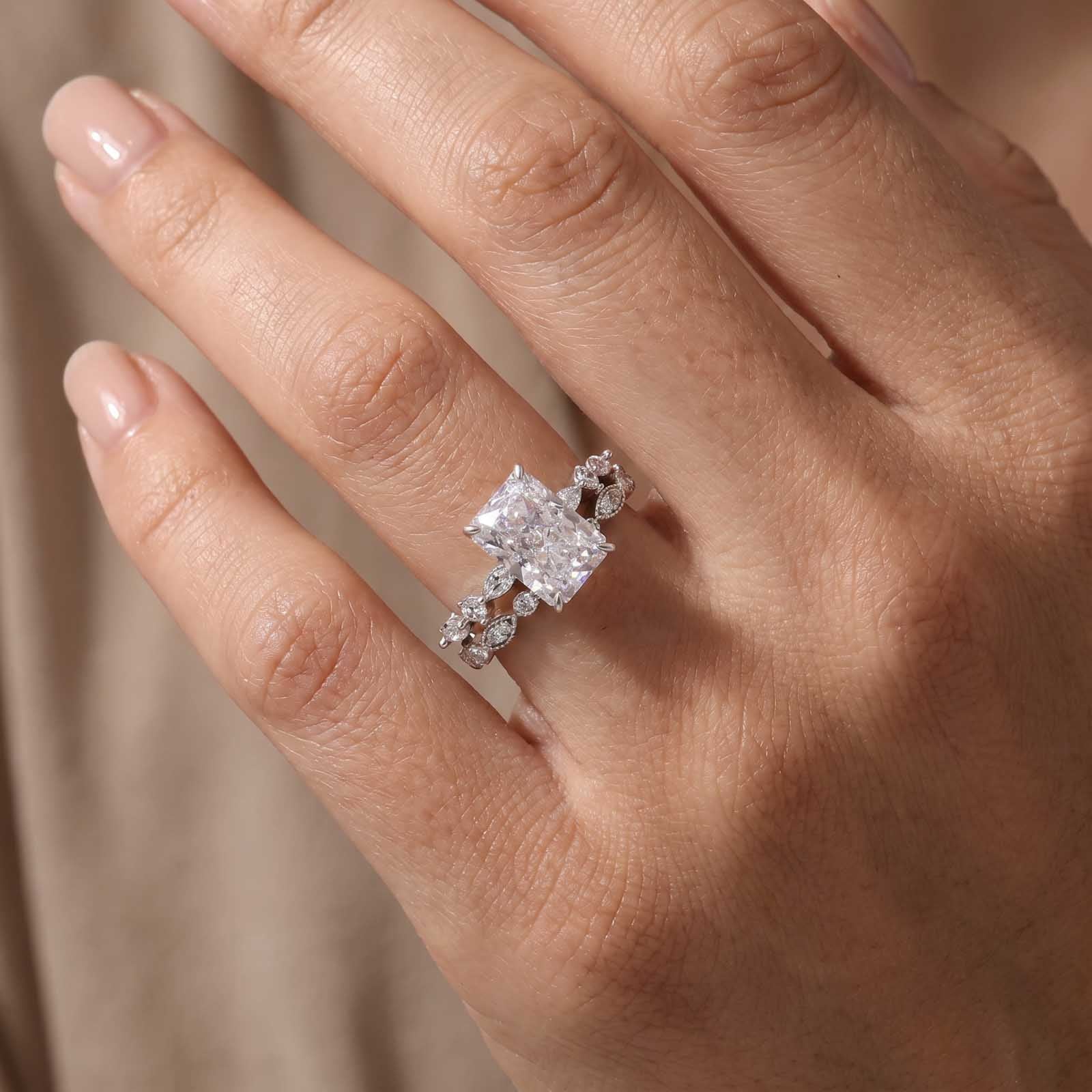 S925 3.5Ct Radiant Cut Engagement Ring with Vintage Round Cut Wedding Band In Sterling Silver