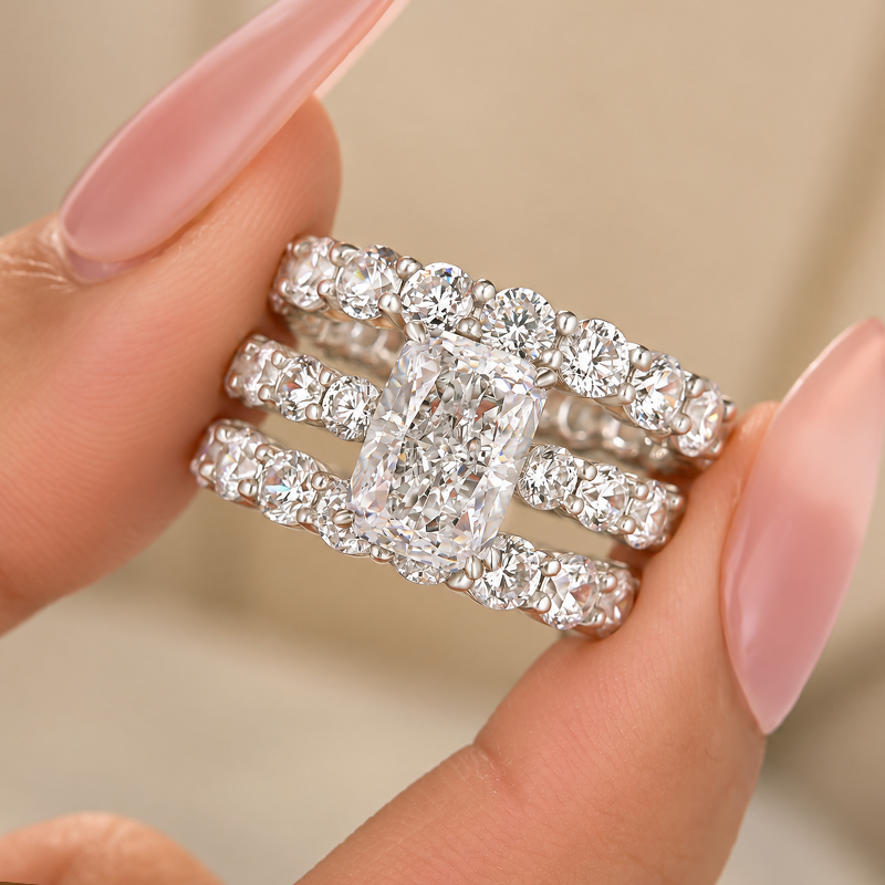 S925 3PC 4.0Ct Radiant Cut Engagement Ring & Round Cut Eternity Wedding Bands