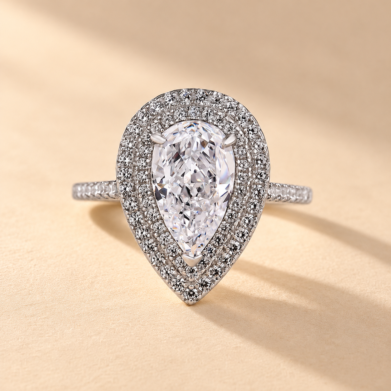 Louily Double Halo Pear Cut Engagement Ring In Sterling Silver