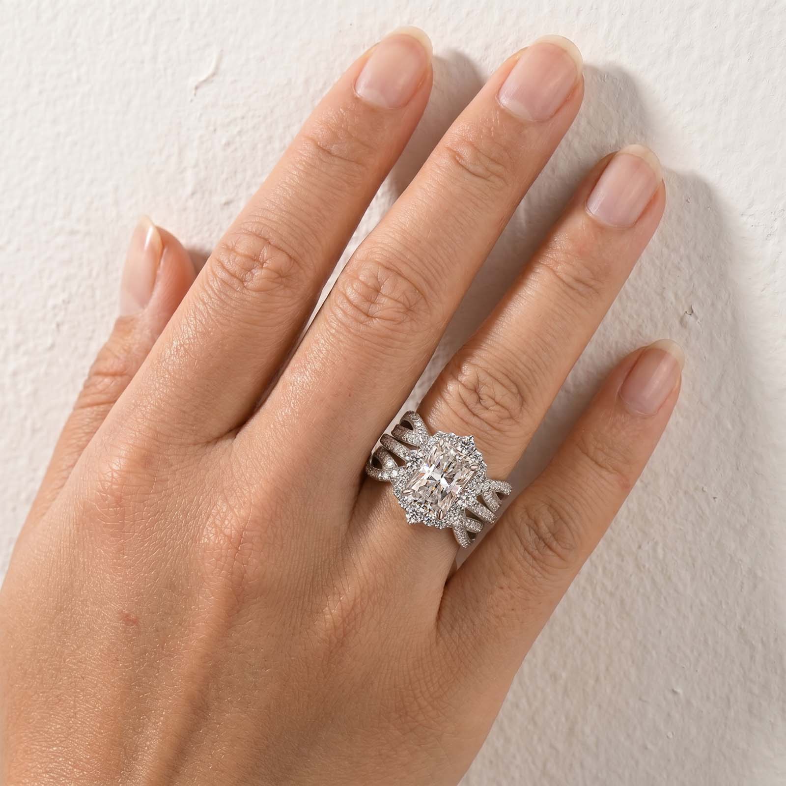 S925 Moissanite 3.0Ct White Gold Halo Radiant Cut Wedding Ring Set Stack Wedding Ring with Enhancer Wedding Band