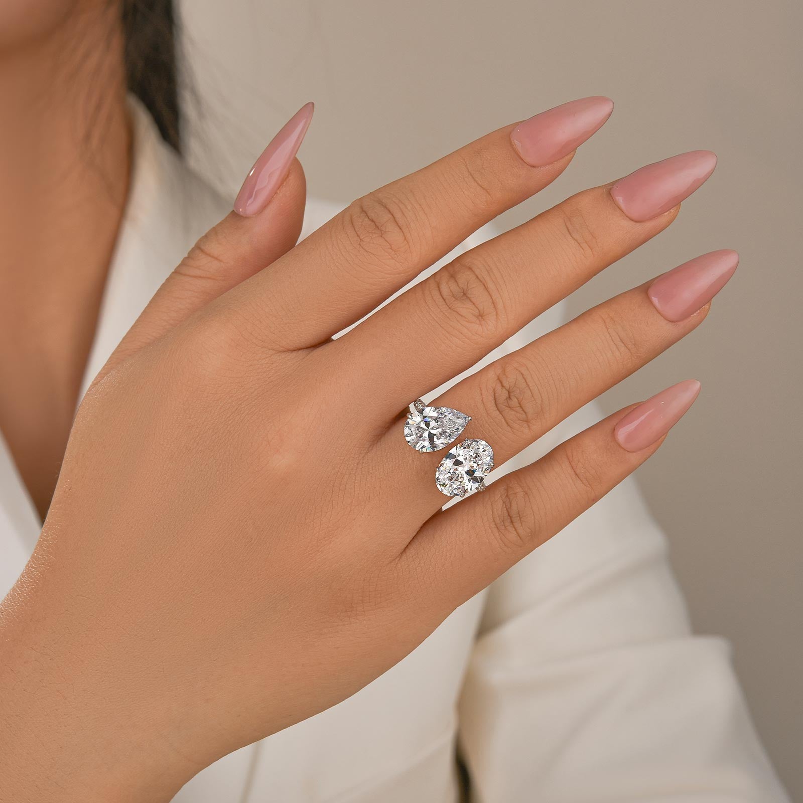 Louily Unique Double Stones Design Oval Cut & Pear Cut Engagement Ring