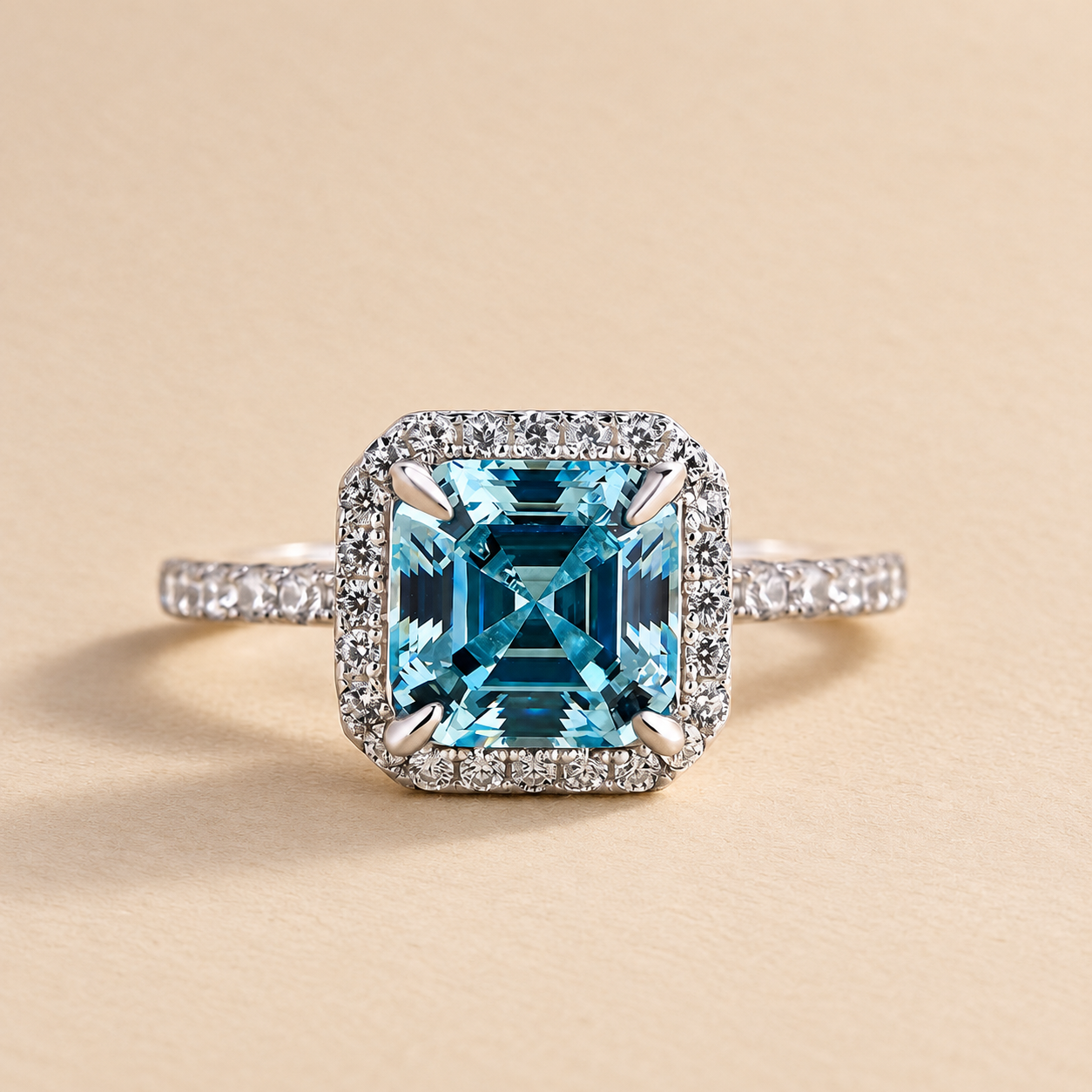 Louily 2Ct Exclusive Halo Asscher Cut Light Aquamarine Blue Engagement Ring