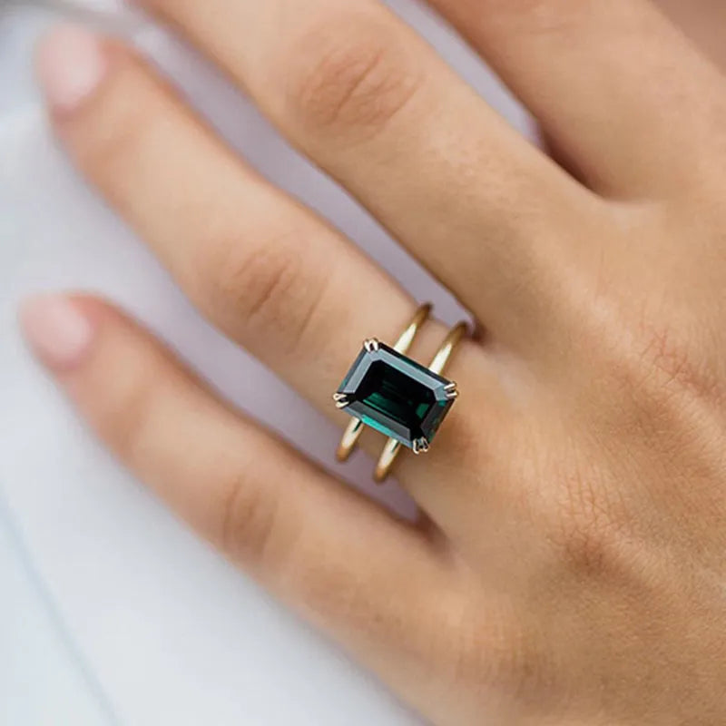 Louily Unique Design Yellow Gold Emerald Cut Engagement Ring In Sterling Silver - louilyjewelry