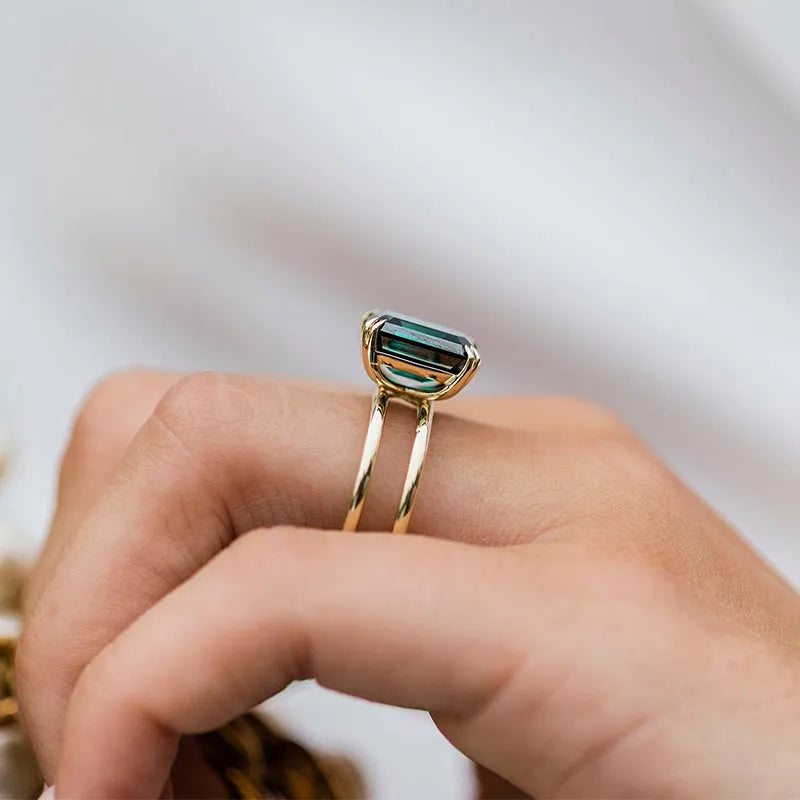 Louily Unique Design Yellow Gold Emerald Cut Engagement Ring In Sterling Silver - louilyjewelry