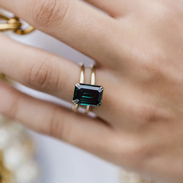 Louily Unique Design Yellow Gold Emerald Cut Engagement Ring In Sterling Silver