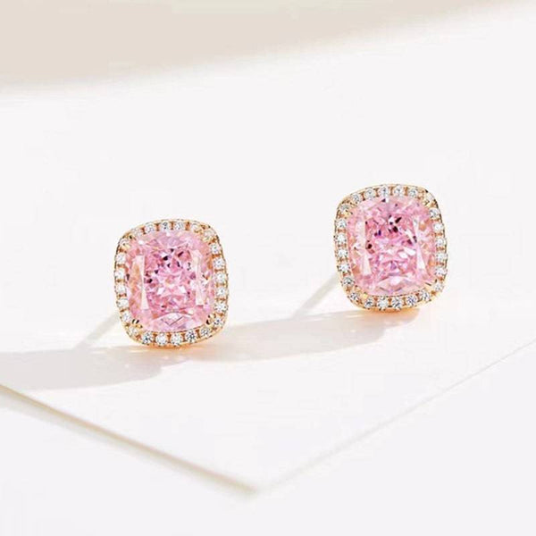 Louily Elegant Rose Gold Halo Cushion Cut Pink Stone Stud Earrings