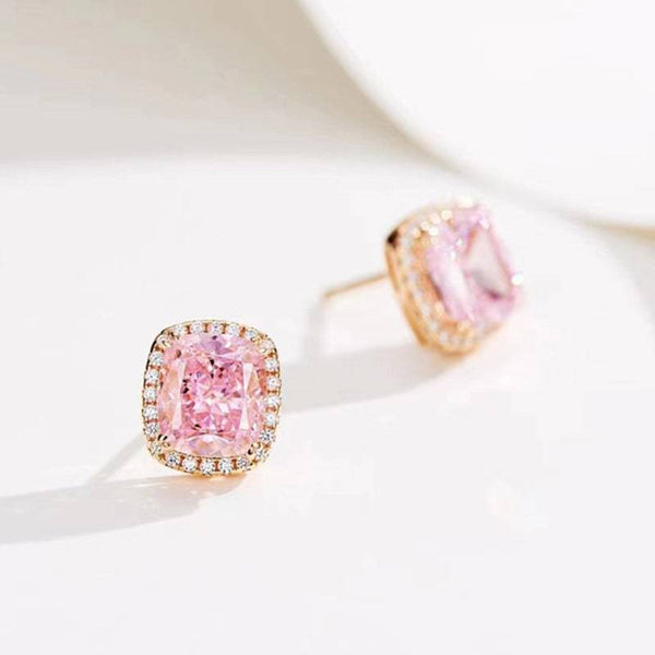 Louily Elegant Rose Gold Halo Cushion Cut Pink Stone Stud Earrings