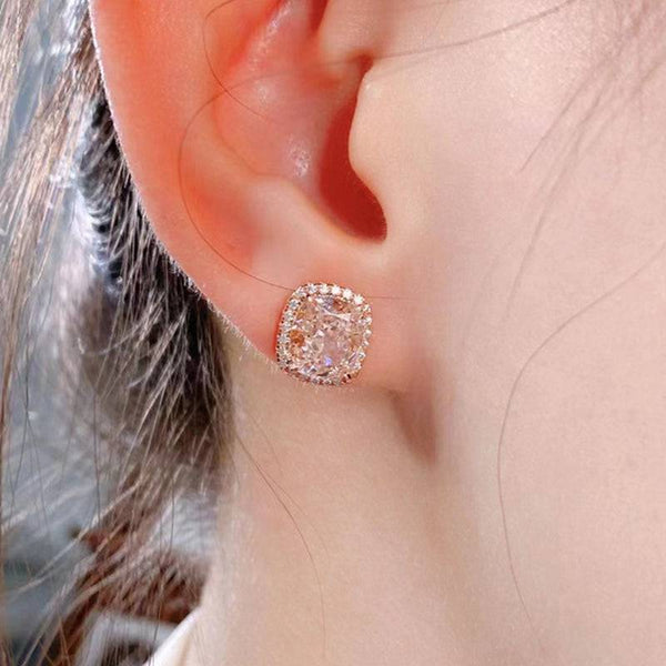 Louily Elegant Rose Gold Halo Cushion Cut Pink Stone Stud Earrings