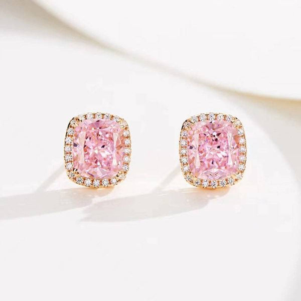 Louily Elegant Rose Gold Halo Cushion Cut Pink Stone Stud Earrings