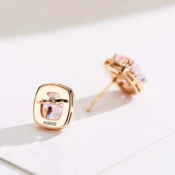 Louily Elegant Rose Gold Halo Cushion Cut Pink Stone Stud Earrings