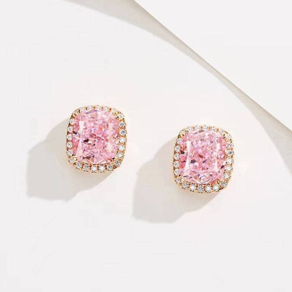 Louily Elegant Rose Gold Halo Cushion Cut Pink Stone Stud Earrings