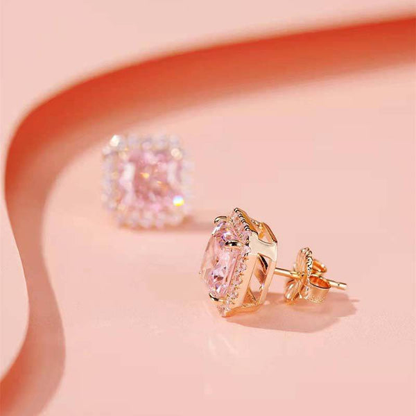 Louily Elegant Rose Gold Halo Radiant Cut Pink Sapphire Stud Earrings In Sterling Silver